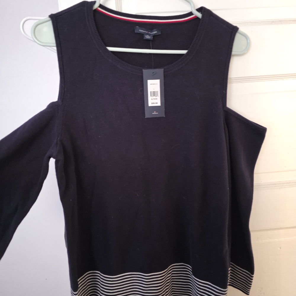Tommy Hilfiger Blue and White Cut Out Blouse